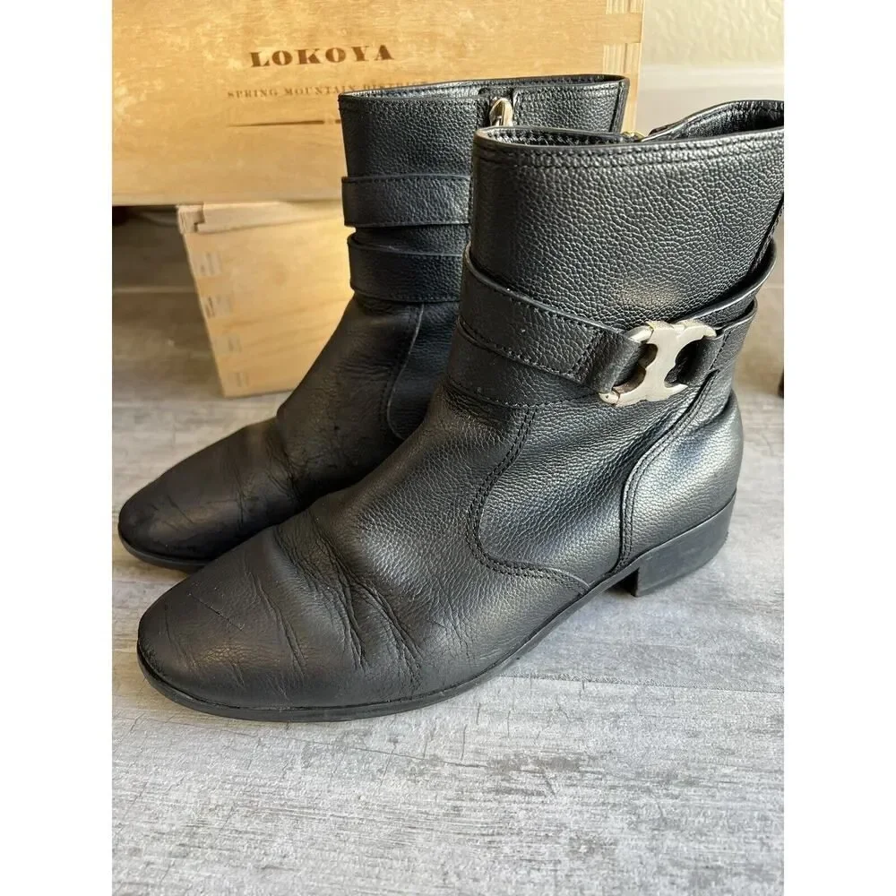 Tory Burch Gemini Link Black Pebble Leather Ankle Booties Moto Boots Size 8 READ